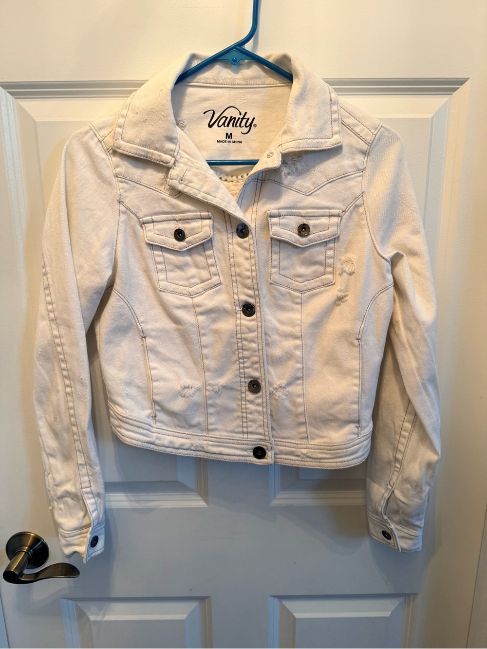 Vanity White Cropped Denim Jacket with Button Front
